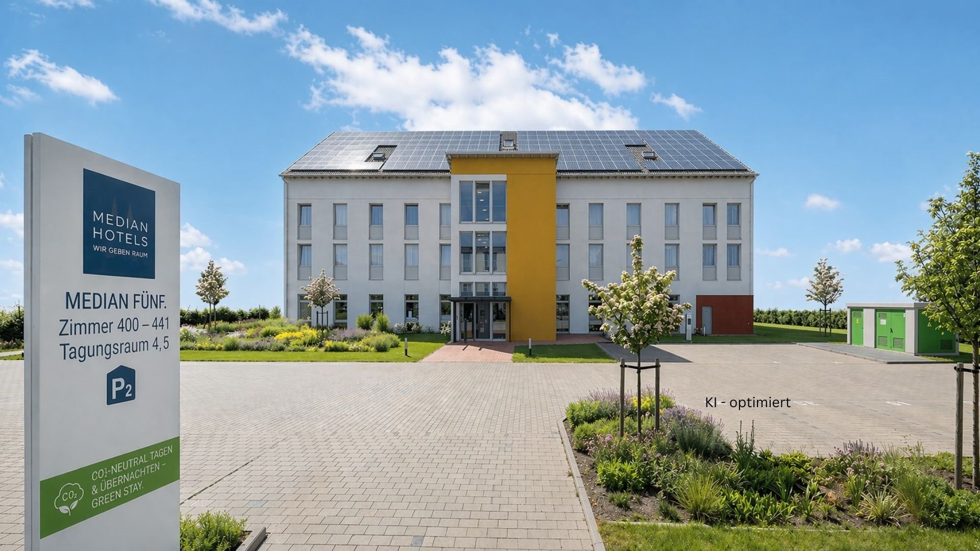 Median Hotel Hannover Lehrte Exterior view of hotel with solar panels on roof and parking lot
